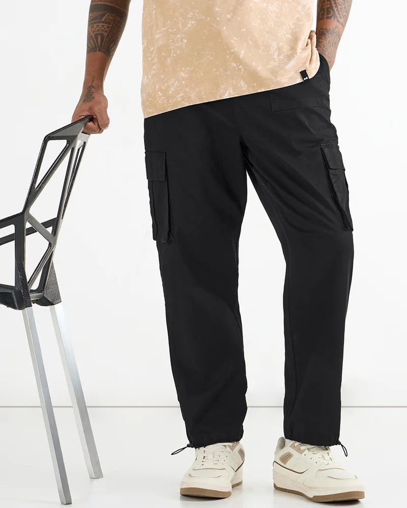 bewakoof Men's Black Baggy Oversized Cargo Parachute Pants